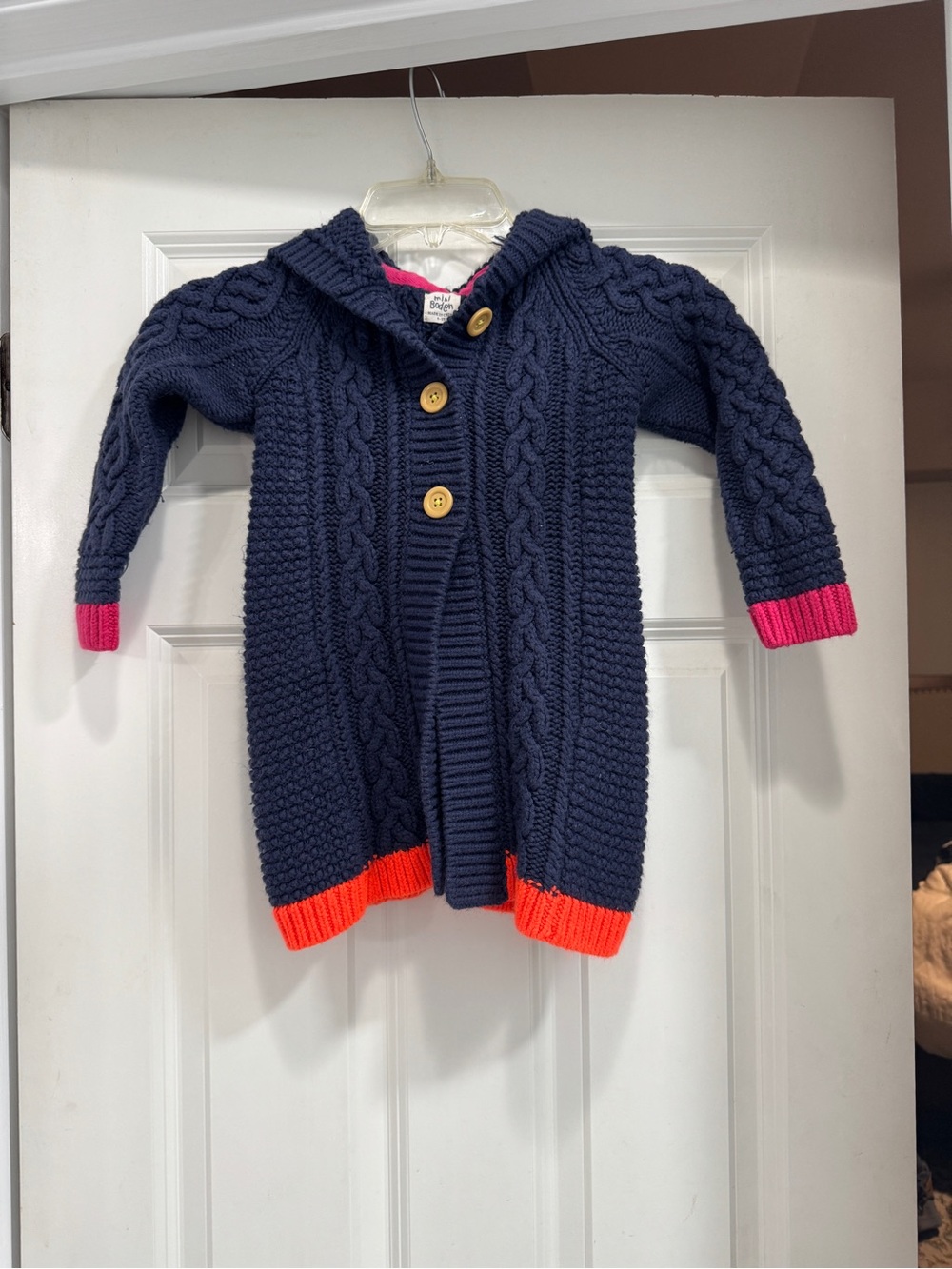 Mini Boden Navy Knit Hooded Cardigan with Pink & Orange Trim; size 4-5